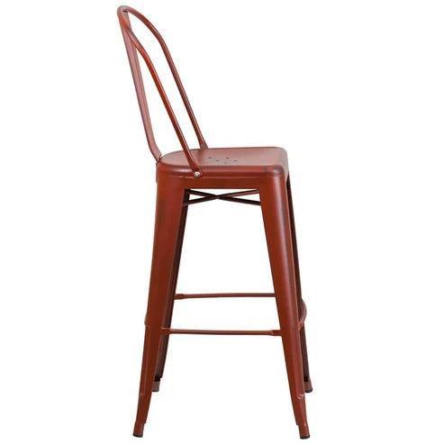 Commercial Grade 30 High Distressed Kelly Red Metal Indoor-Outdoor Barstool with Back