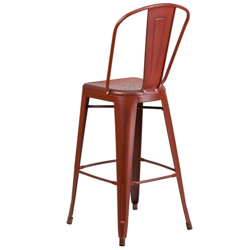 Commercial Grade 30 High Distressed Kelly Red Metal Indoor-Outdoor Barstool with Back