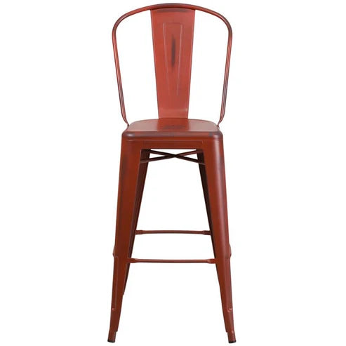 Commercial Grade 30 High Distressed Kelly Red Metal Indoor-Outdoor Barstool with Back