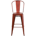 Commercial Grade 30 High Distressed Kelly Red Metal Indoor-Outdoor Barstool with Back