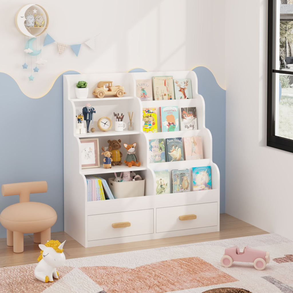 Bookshelf With 2 Storage Drawers, Front Facing Bookcase And Toy Organizer, Multi Tier Reading Shelf - White