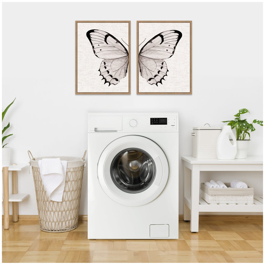 Sylvie Beaded Minimal Butterfly Watercolor Neutral Linen - 2 Piece Framed Canvas Art Set by The Creative Bunch Studio
