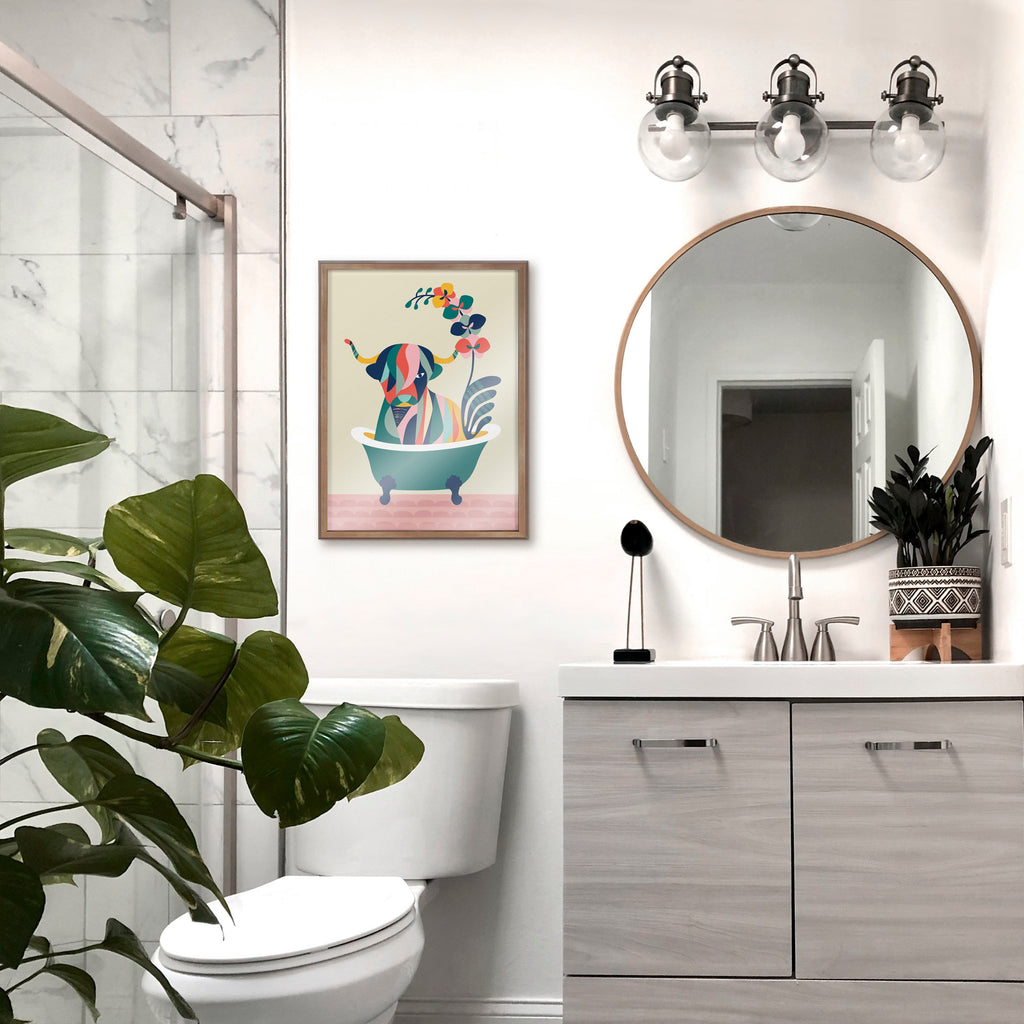 Blake Mid Century Modern Cow in Bathtub Framed Printed Glass by Rachel Lee of My Dream Wall