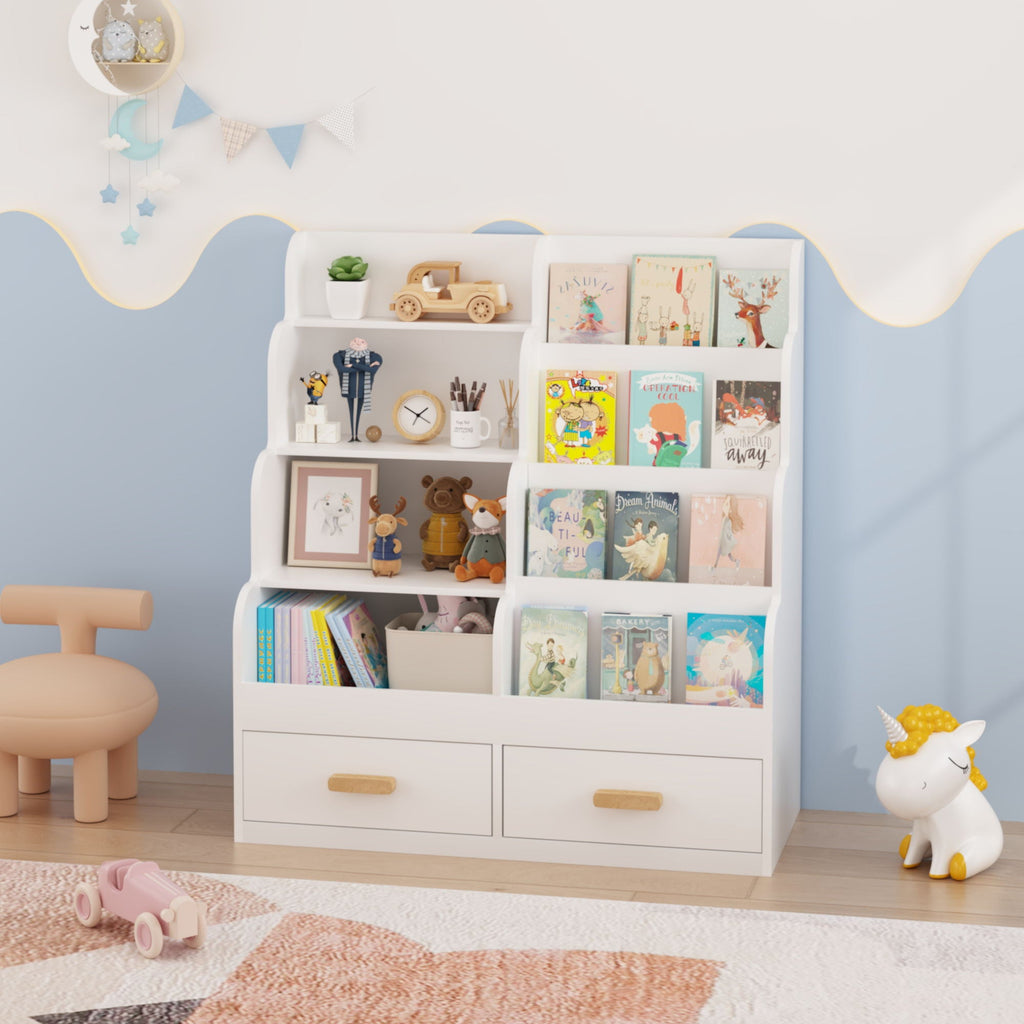 Bookshelf With 2 Storage Drawers, Front Facing Bookcase And Toy Organizer, Multi Tier Reading Shelf - White
