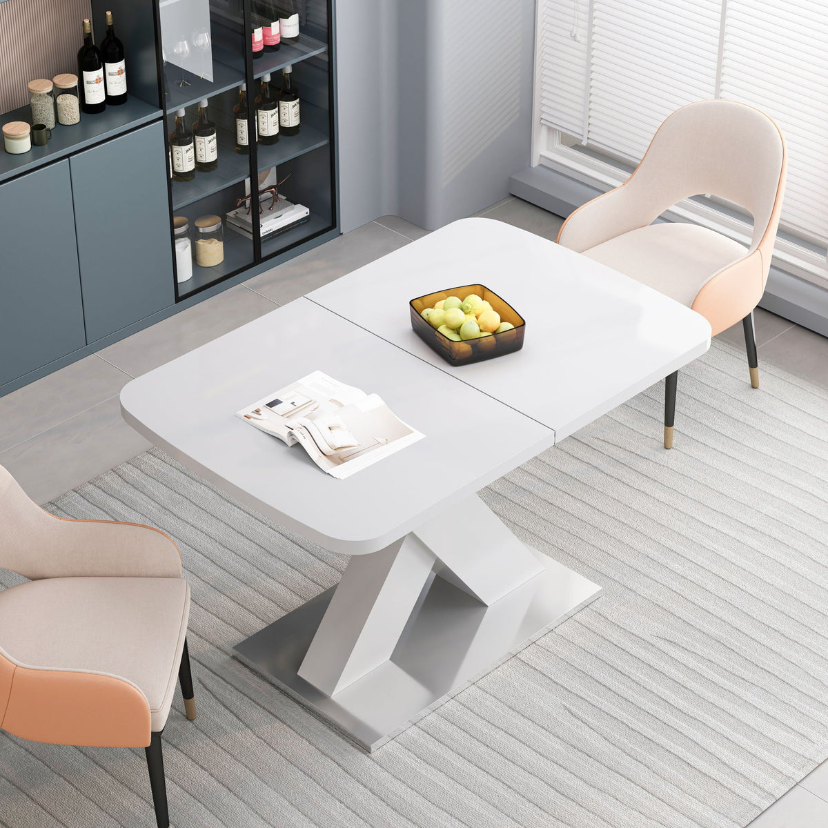 Rectangle Dining Table, Stretchable, X Shape Legs - White