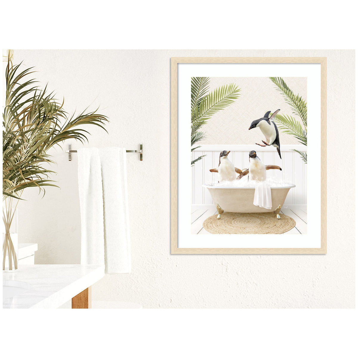 Penguins in Palms Bath by Amy Peterson Framed Wall Art Print