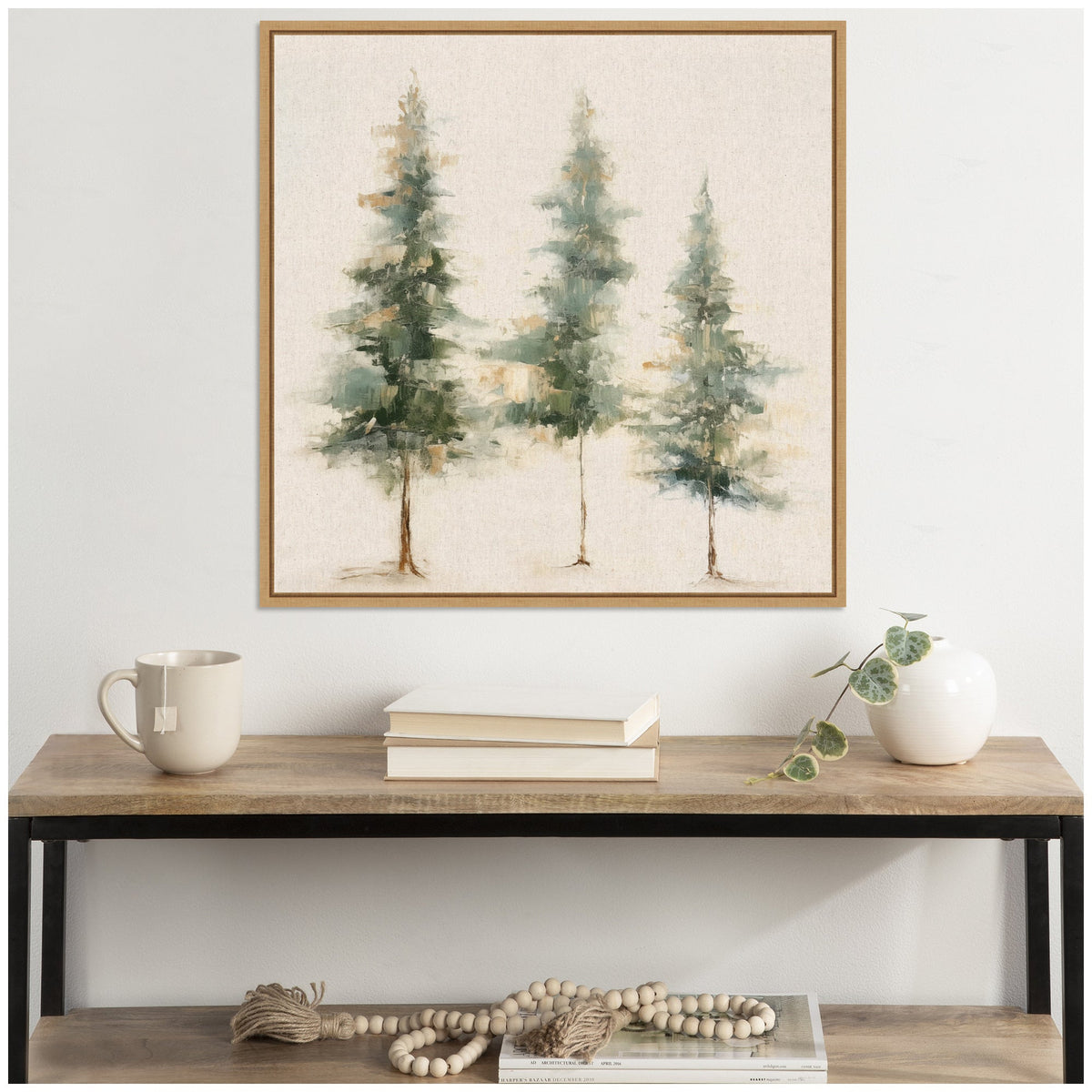 Sylvie Abstract Forest Evergreen Trees on Neutral Linen Framed Canvas by The Creative Bunch Studio