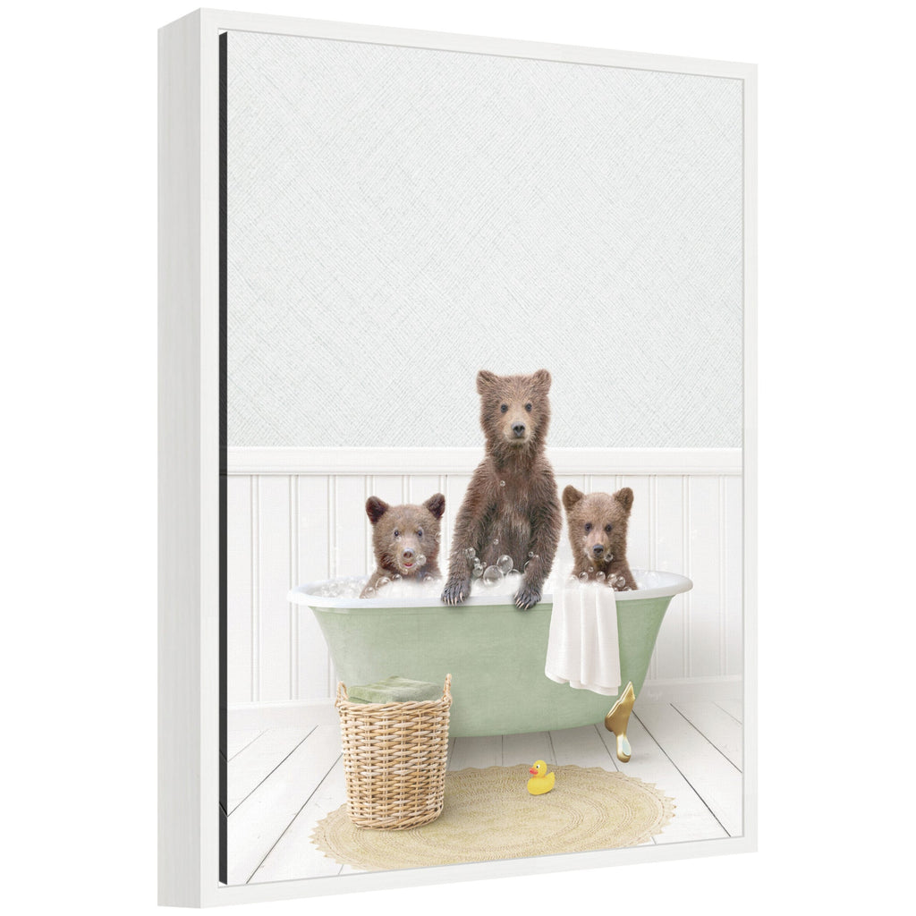 Sylvie Three Bear Cubs in Cottage Green Bath Framed Canvas by Amy Peterson