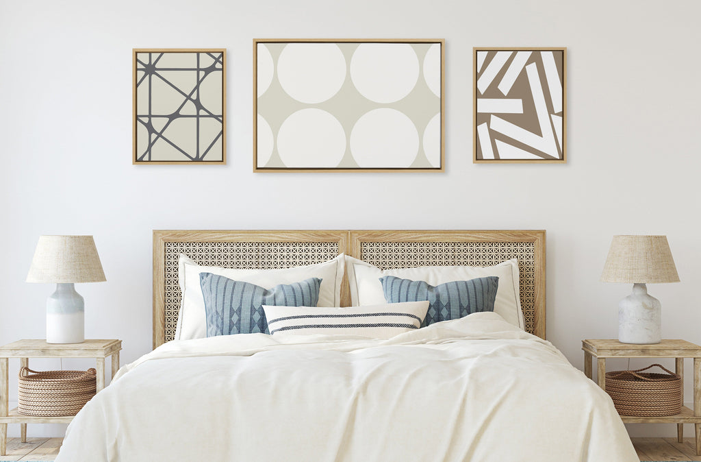 Sylvie Elevated Modern Neutral Dots, Neutral Pattern No 2 and Neutral Stained Glass Framed Canvas by The Creative Bunch Studio