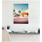 Cool Tiger Sitting in a Pink Classic Car by Michael Schauer Framed Canvas Wall Art Print