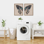 Sylvie Boho Butterfly Watercolor Diptych Neutral Linen Framed Canvas Art Set by The Creative Bunch Studio