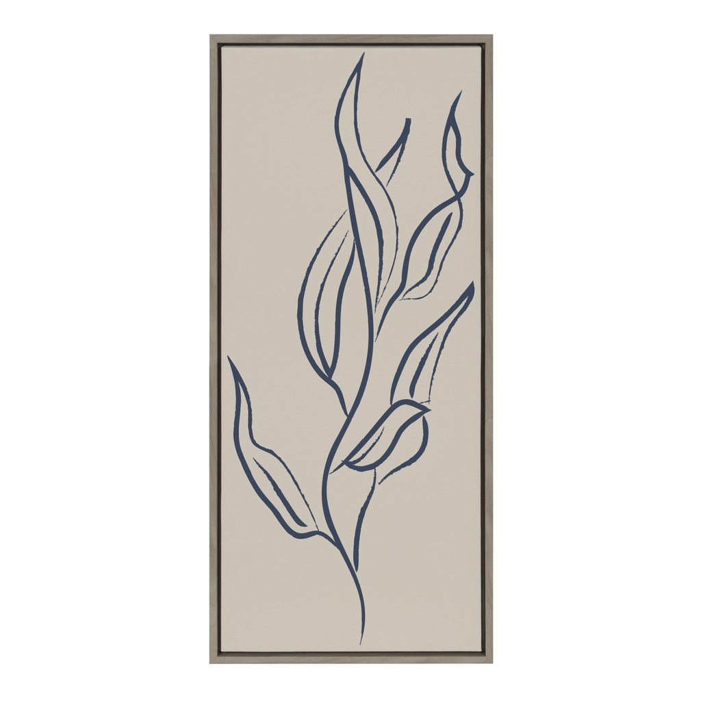 Sylvie Muted Illustrated Botanical Dark Blue and Tan Framed Canvas by The Creative Bunch Studio