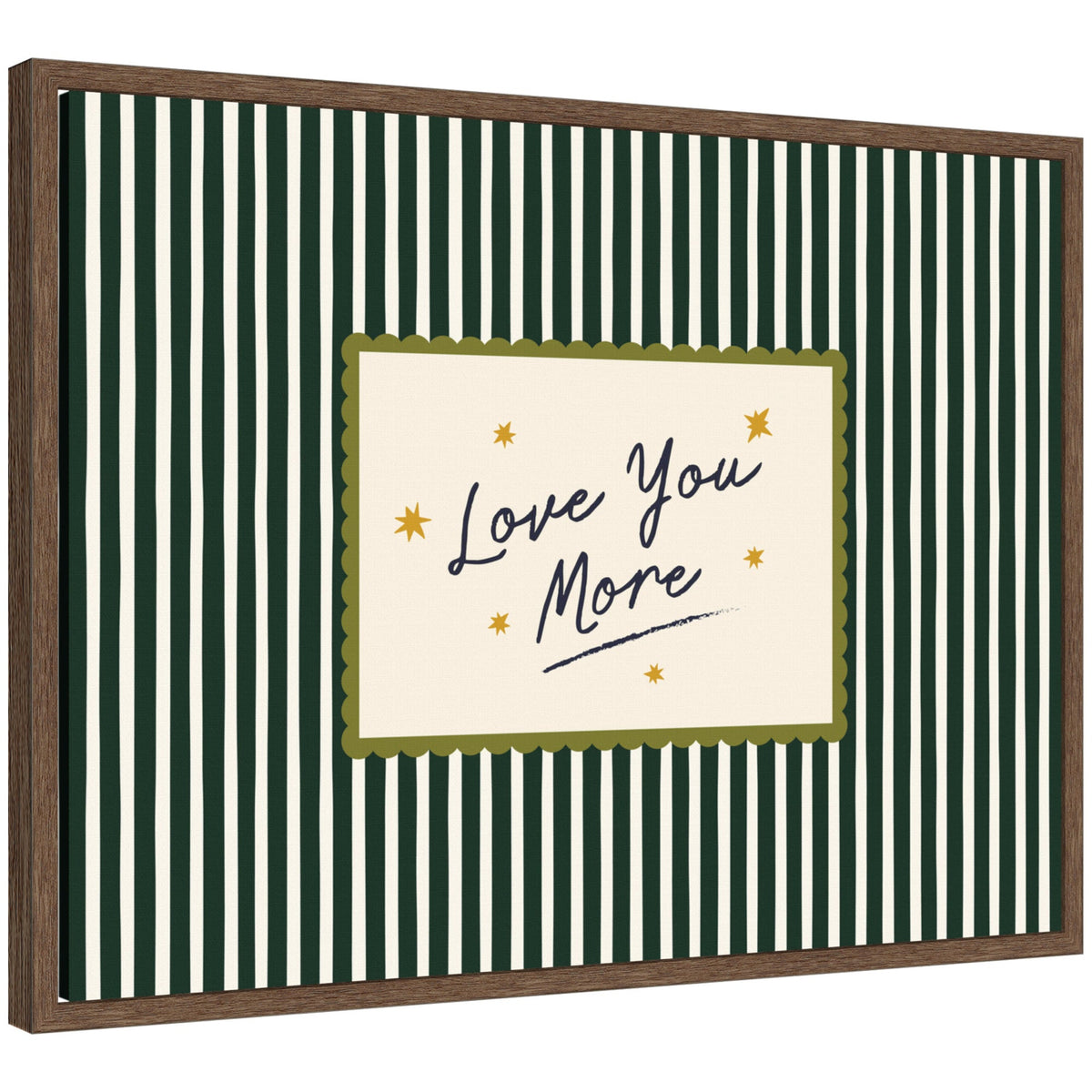 Love You More Positive Quote Above Bed Decor, Striped Green Cozy Wall Art for Apartment or Home by Lucky Guava Framed Canvas Wall Art Print