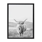 Sylvie Highland Cow Mountain Landscape Black and White Framed Canvas by The Creative Bunch Studio