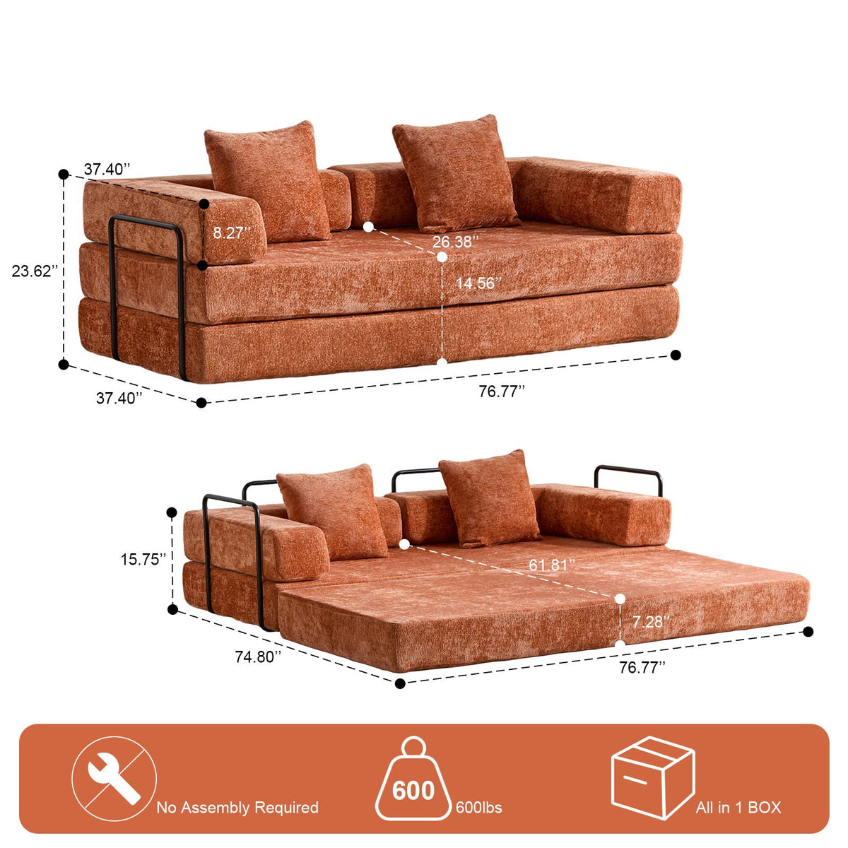 Convertible Floor Sofa Bed With Pillow Back Support Armrest
