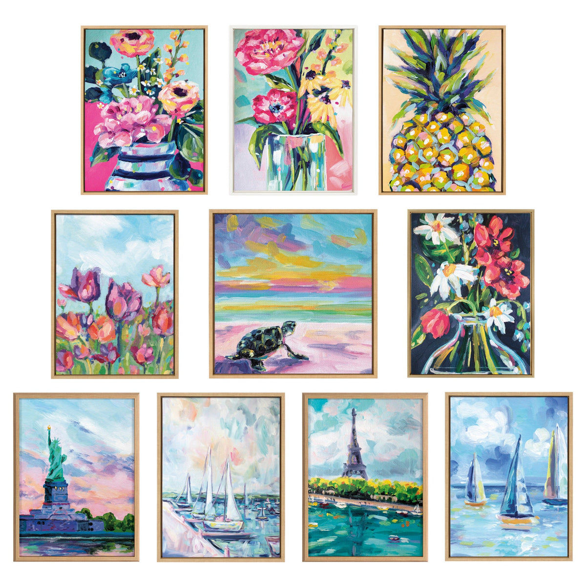 Sylvie Pineapple Study No 2, Apache Junction Sunset and Sunset Sea Turtle Framed Canvas Art Set by Rachel Christopoulos