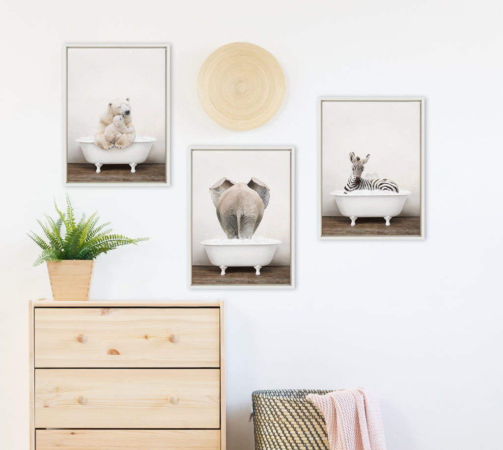 Sylvie Baby Zebra in Rustic Bath Framed Canvas by Amy Peterson Art Studio