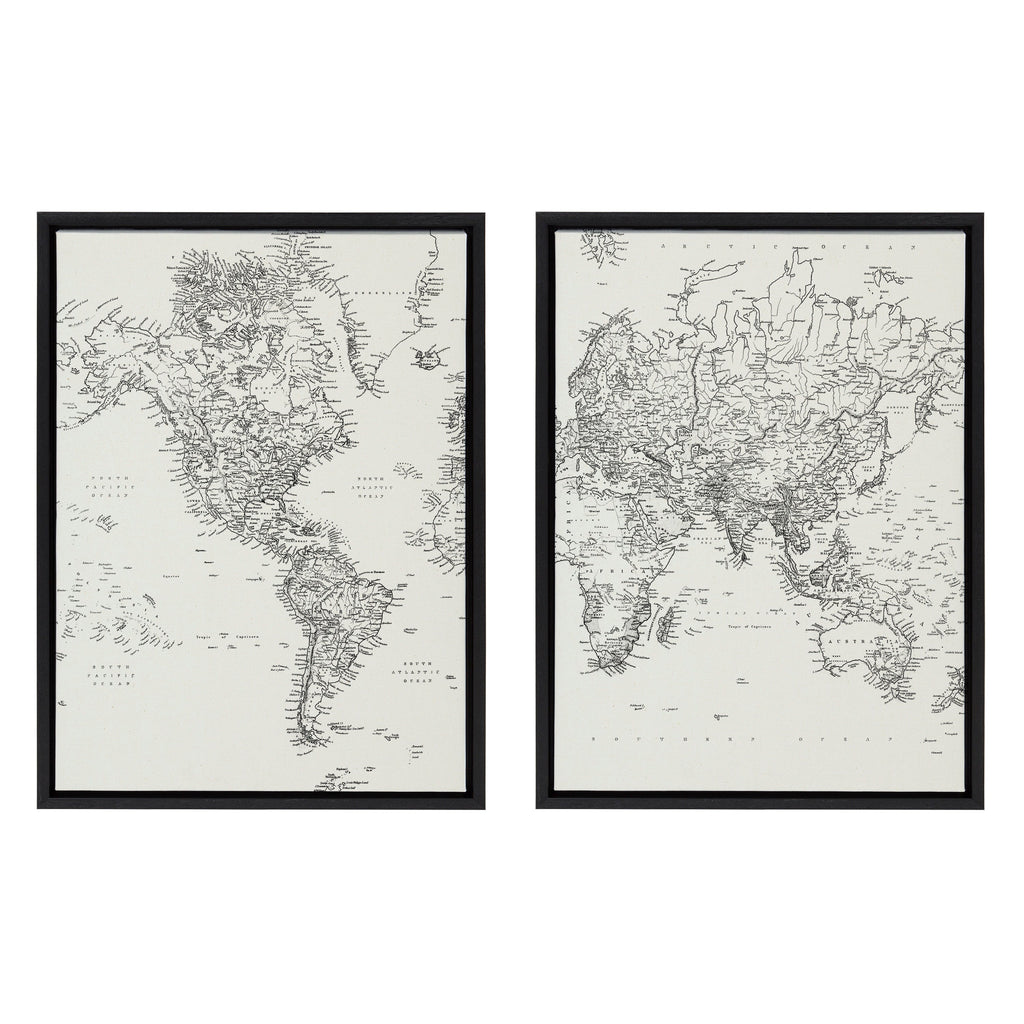 Sylvie Vintage Black and White World Map Framed Canvas Set by The Creative Bunch Studio