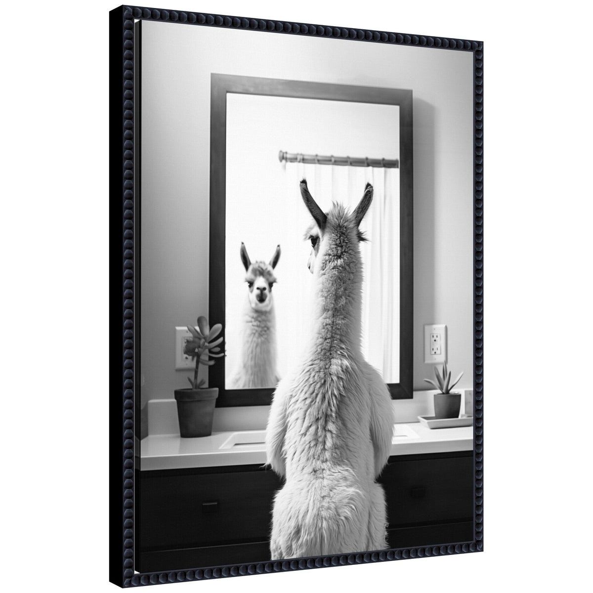 Sylvie Llama Bathroom Art Mirror Black and White Framed Canvas by The Creative Bunch Studio