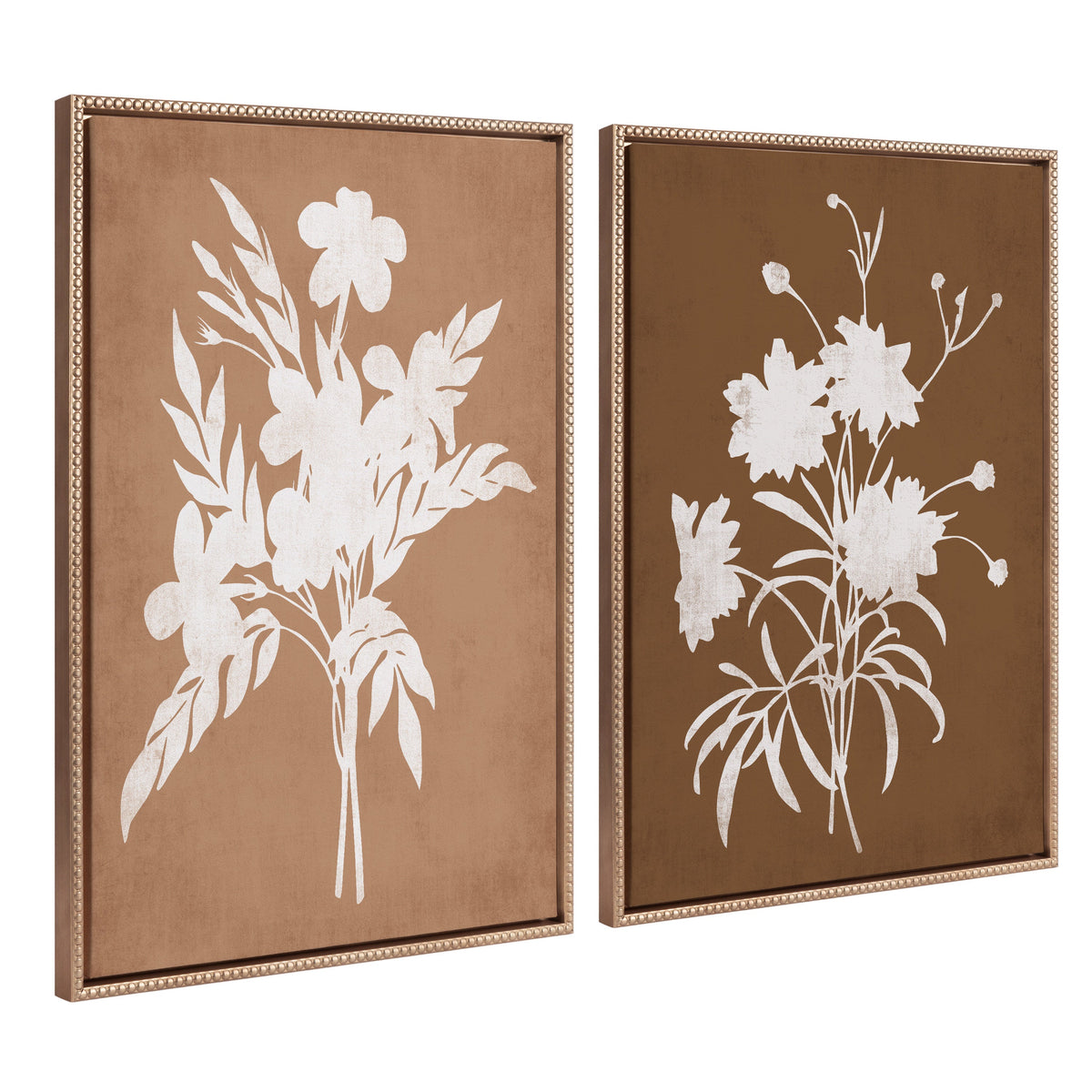 Sylvie Beaded Spring Floral Silhouette 2 Clay White and Spring Floral Silhouette 11 Bark White Framed Canvas Art Set by Heather Dutton