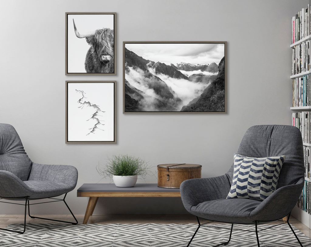 Sylvie BW Highland Cow No. 1 , Mountains, and Inca Trail Black and White Framed Canvas by Various Artists