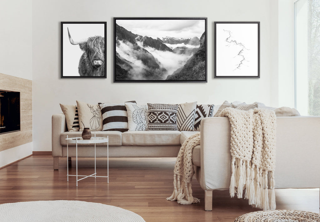 Sylvie BW Highland Cow No. 1 , Mountains, and Inca Trail Black and White Framed Canvas by Various Artists