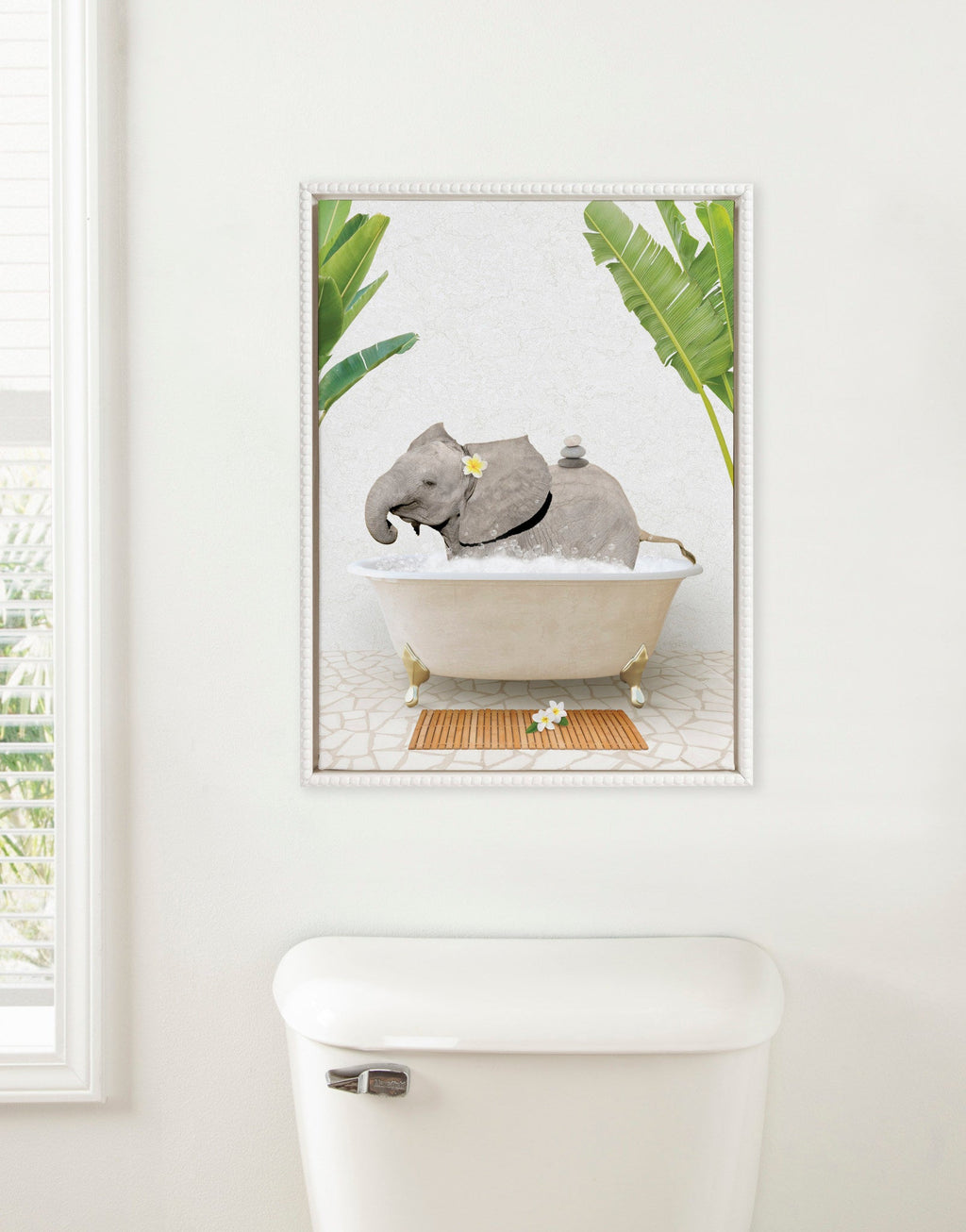 Sylvie Beaded Baby Elephant Bali Bath Framed Canvas by Amy Peterson