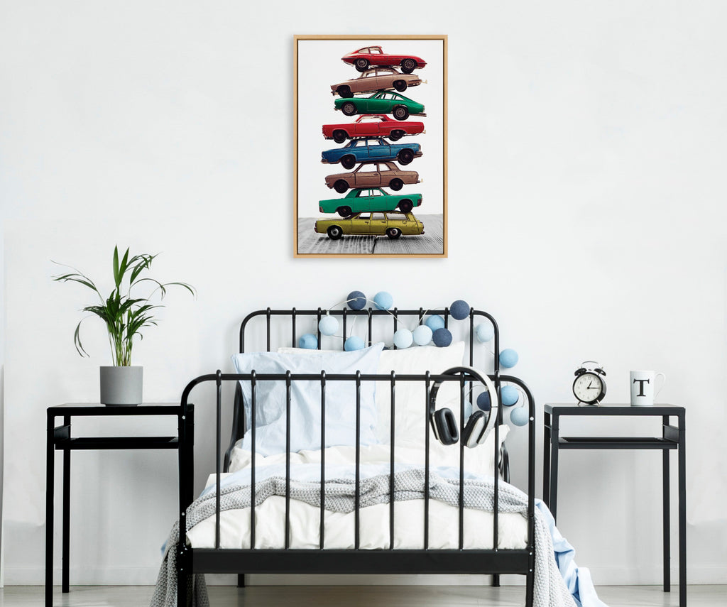 Sylvie Stacked Cars Vertical Framed Canvas by Saint and Sailor Studios