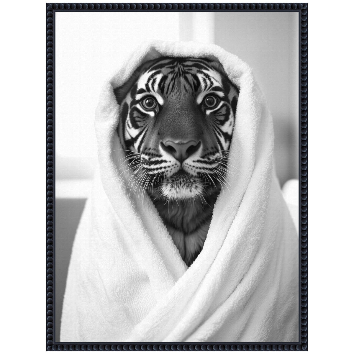 Sylvie Tiger Bathroom Art Towel Robe Black and White Framed Canvas by The Creative Bunch Studio