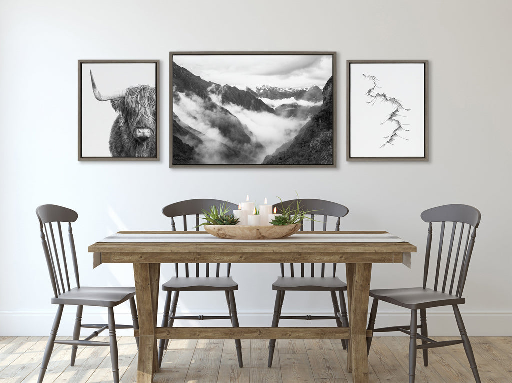Sylvie BW Highland Cow No. 1 , Mountains, and Inca Trail Black and White Framed Canvas by Various Artists