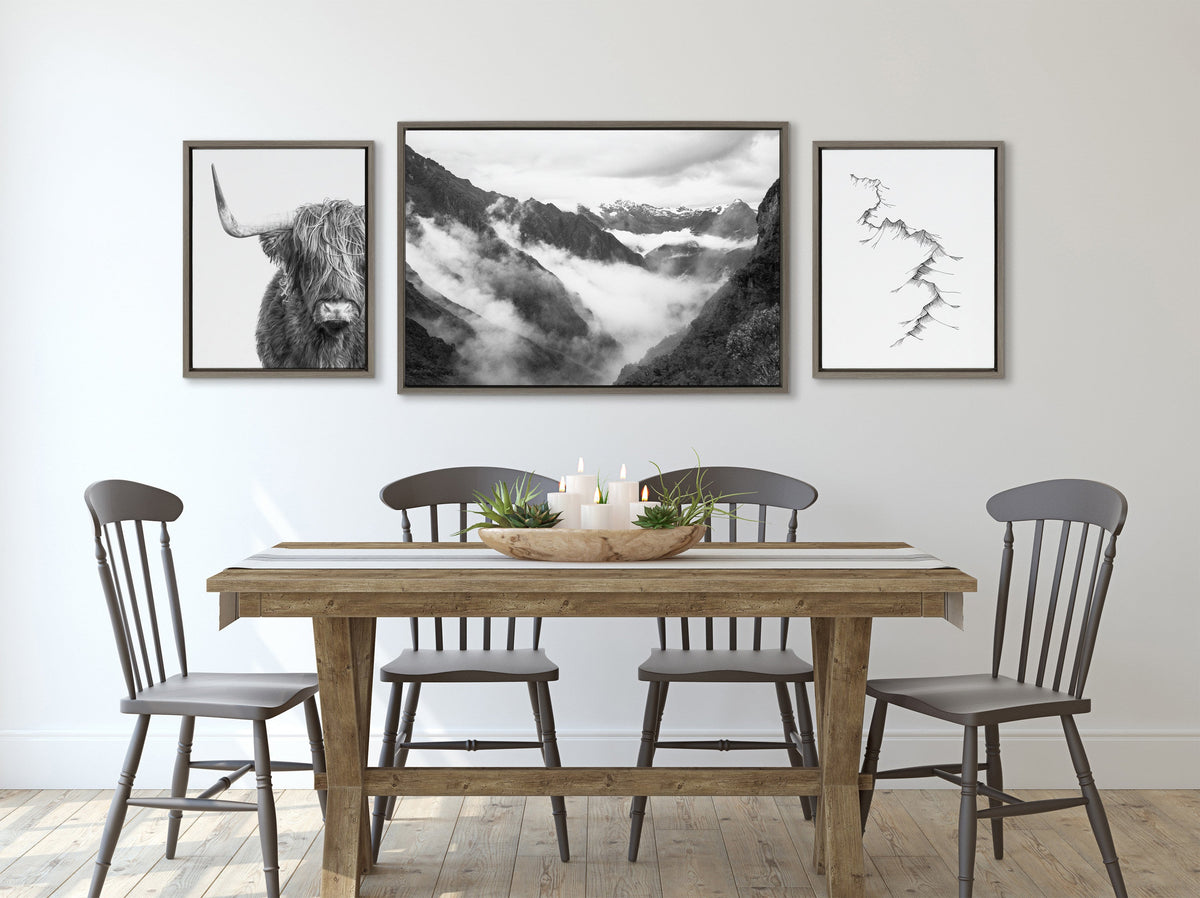 Sylvie BW Highland Cow No. 1 , Mountains, and Inca Trail Black and White Framed Canvas by Various Artists