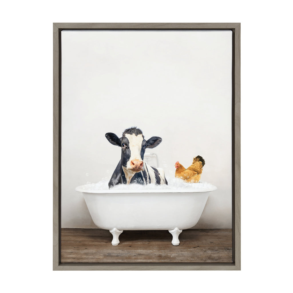 Sylvie Cow and Chicken in Rustic Bath Framed Canvas by Amy Peterson Art Studio