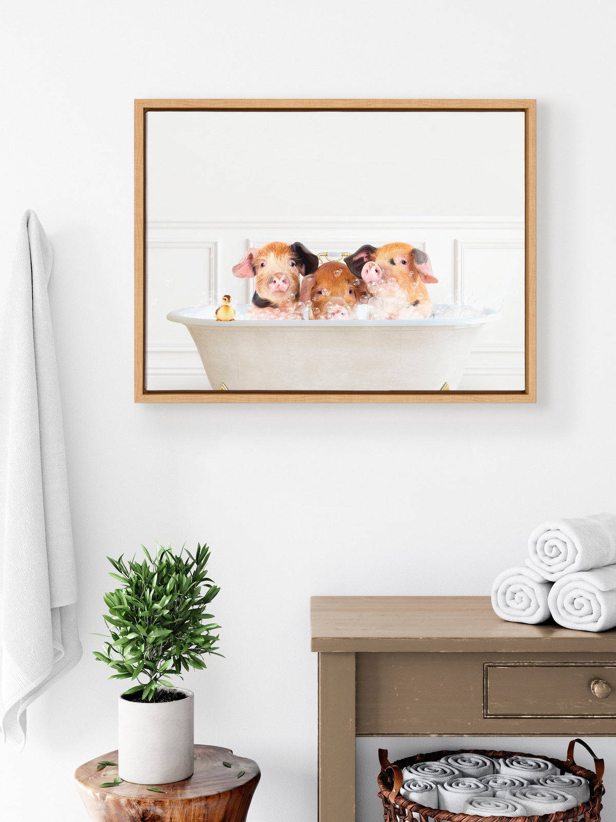 Sylvie Three Pigs In Bubble Bath Neutral Style Framed Canvas by Amy Peterson Art Studio