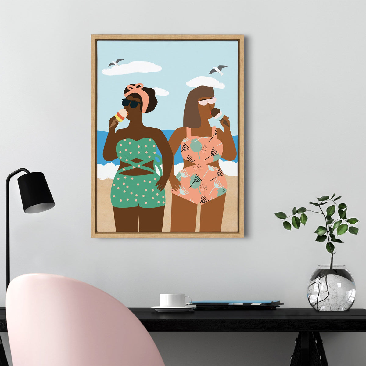 Sylvie Ice cream on the Beach Framed Canvas by Queenbe Monyei