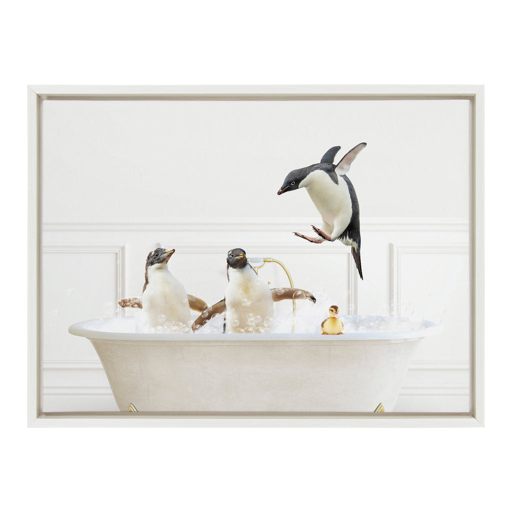 Sylvie Penguins In Bubble Bath Neutral Style Framed Canvas by Amy Peterson Art Studio