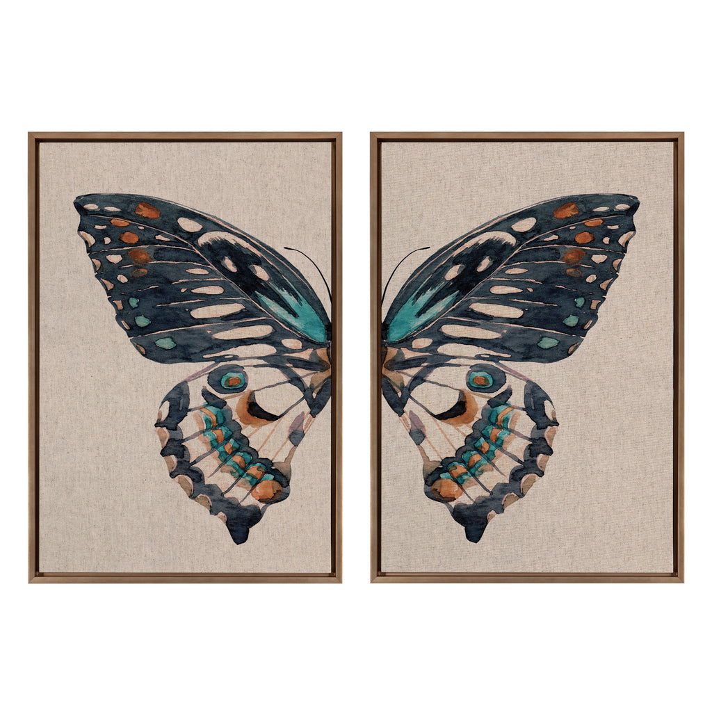 Sylvie Boho Butterfly Watercolor Diptych Neutral Linen Framed Canvas Art Set by The Creative Bunch Studio