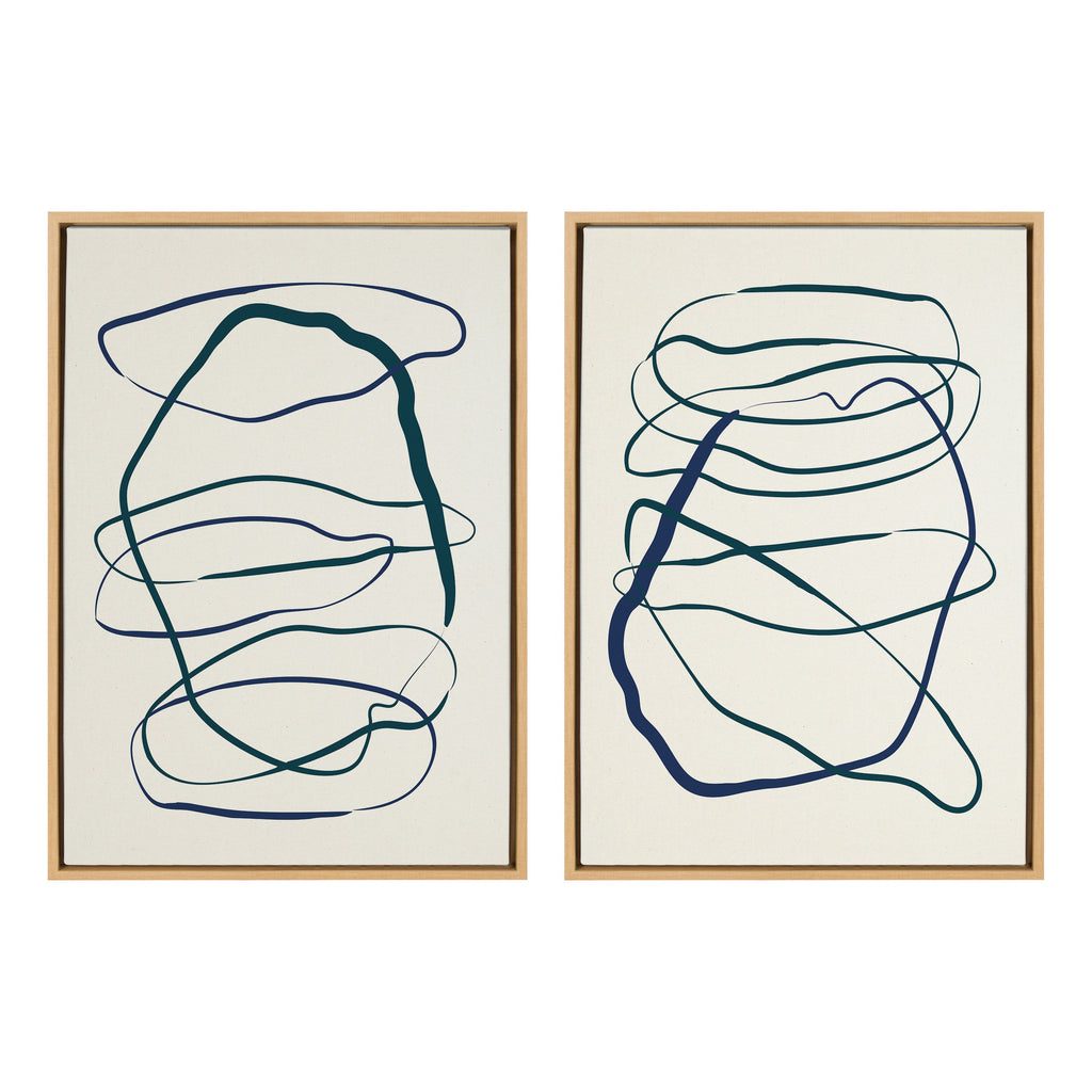 Sylvie Blue and Green Expressive Abstract 1 and 2 Framed Canvas Art Set by The Creative Bunch Studio