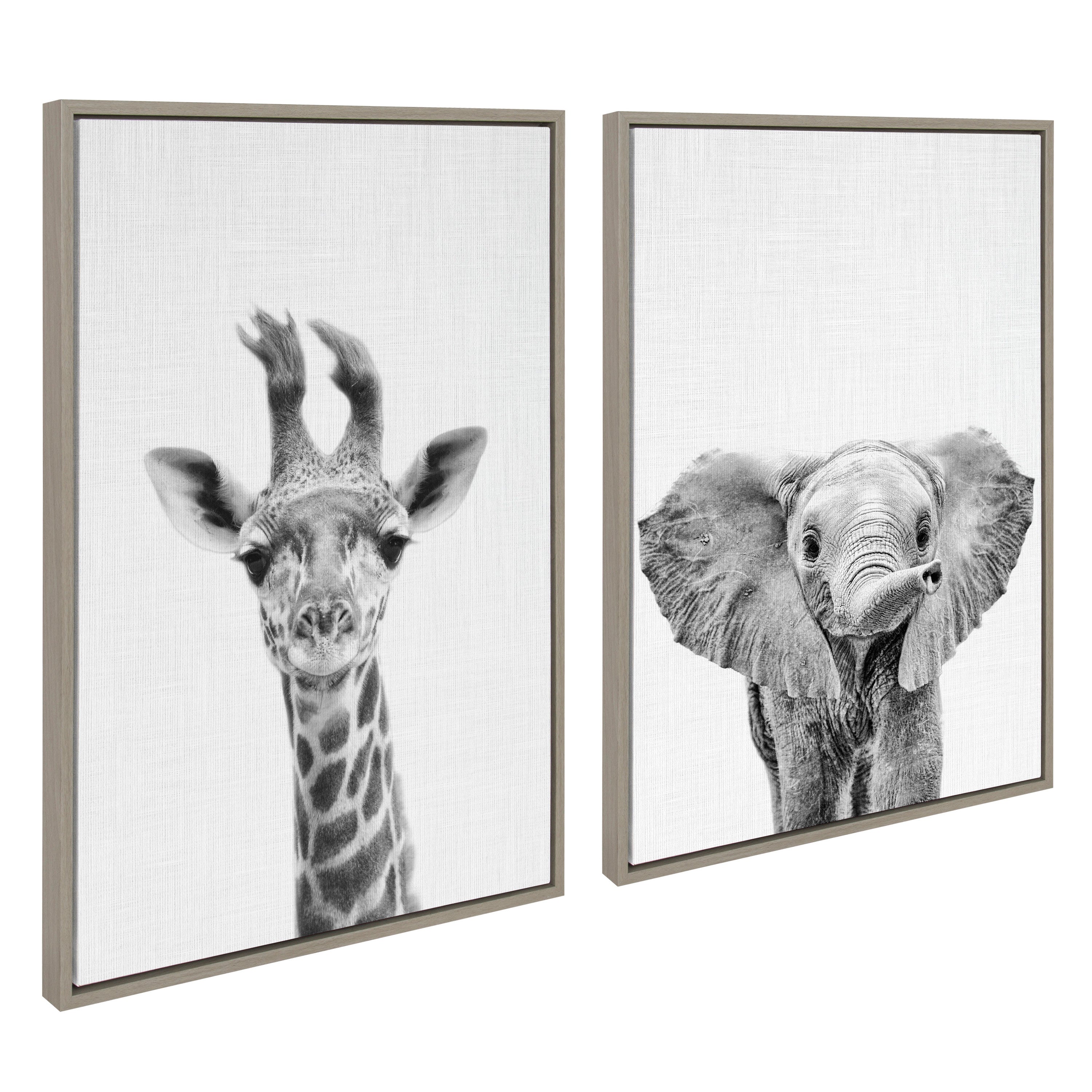 Sylvie Baby Giraffe and Elephant Framed Canvas Art Set by Simon Te of Tai Prints