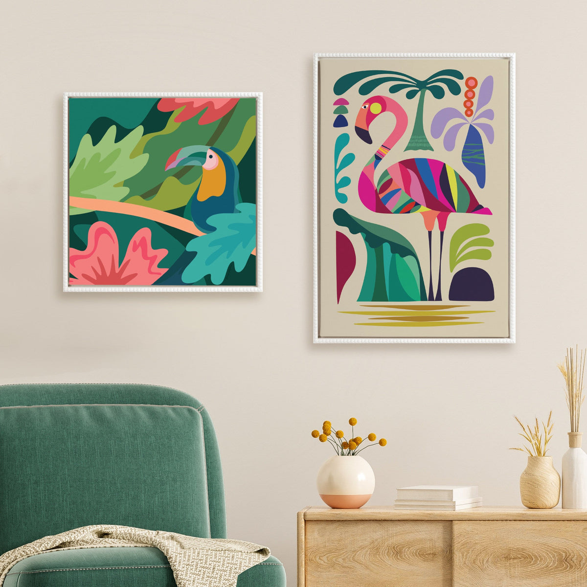 Sylvie Beaded MCM Flamingo Framed Canvas by Rachel Lee