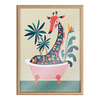 Blake Mid Century Modern Giraffe in Bathtub Framed Printed Glass by Rachel Lee of My Dream Wall