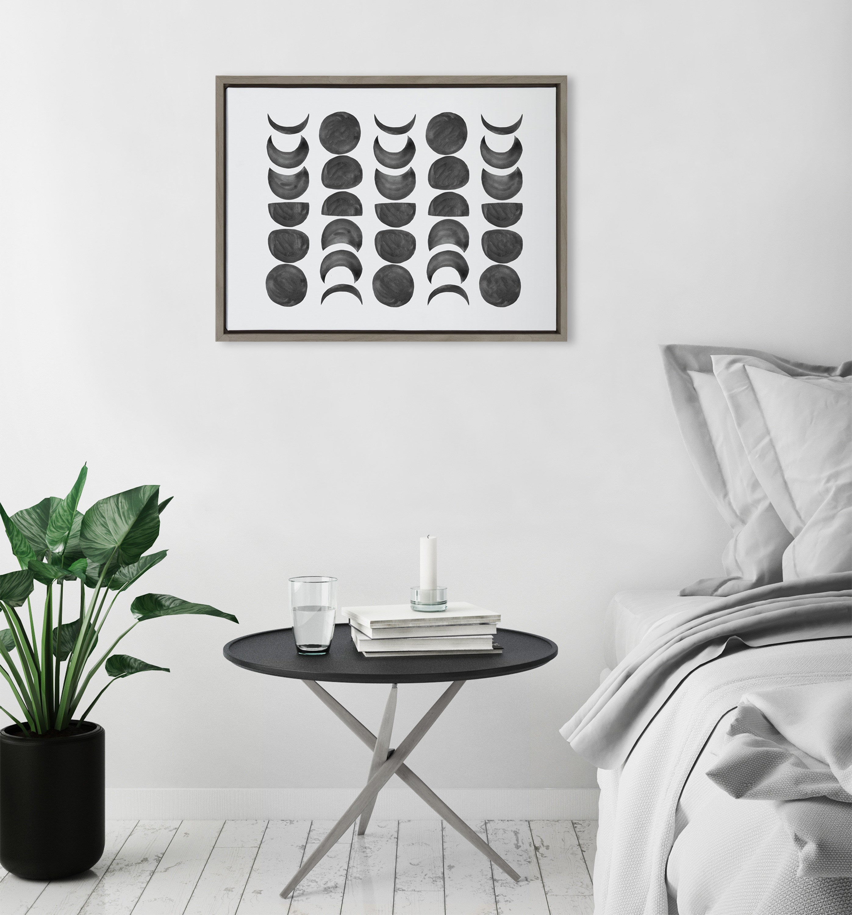 Sylvie 901 Moon Phases Black on White Framed Canvas by Teju Reval of SnazzyHues