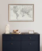 Sylvie Beaded Vintage Black and White World Map Framed Canvas by The Creative Bunch Studio