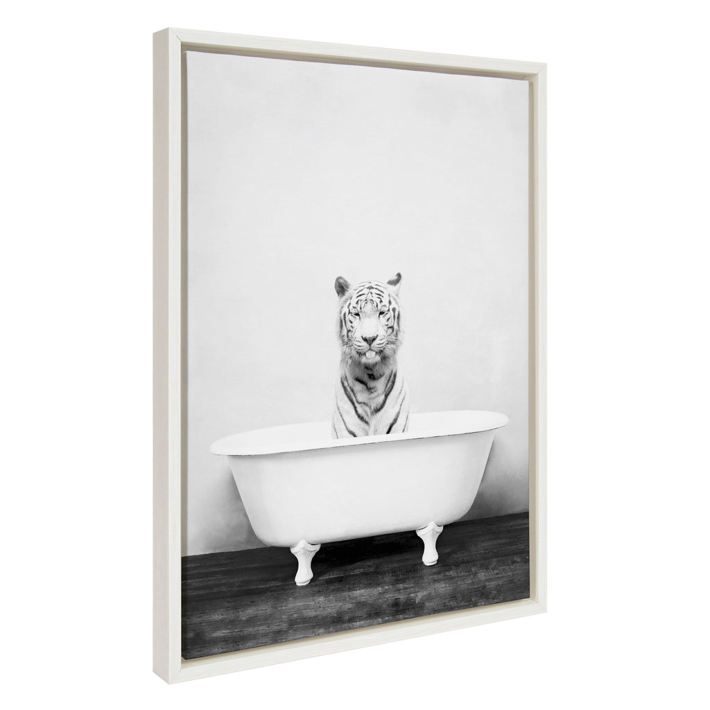 Sylvie White Tiger in The Bathtub Framed Canvas by Amy Peterson