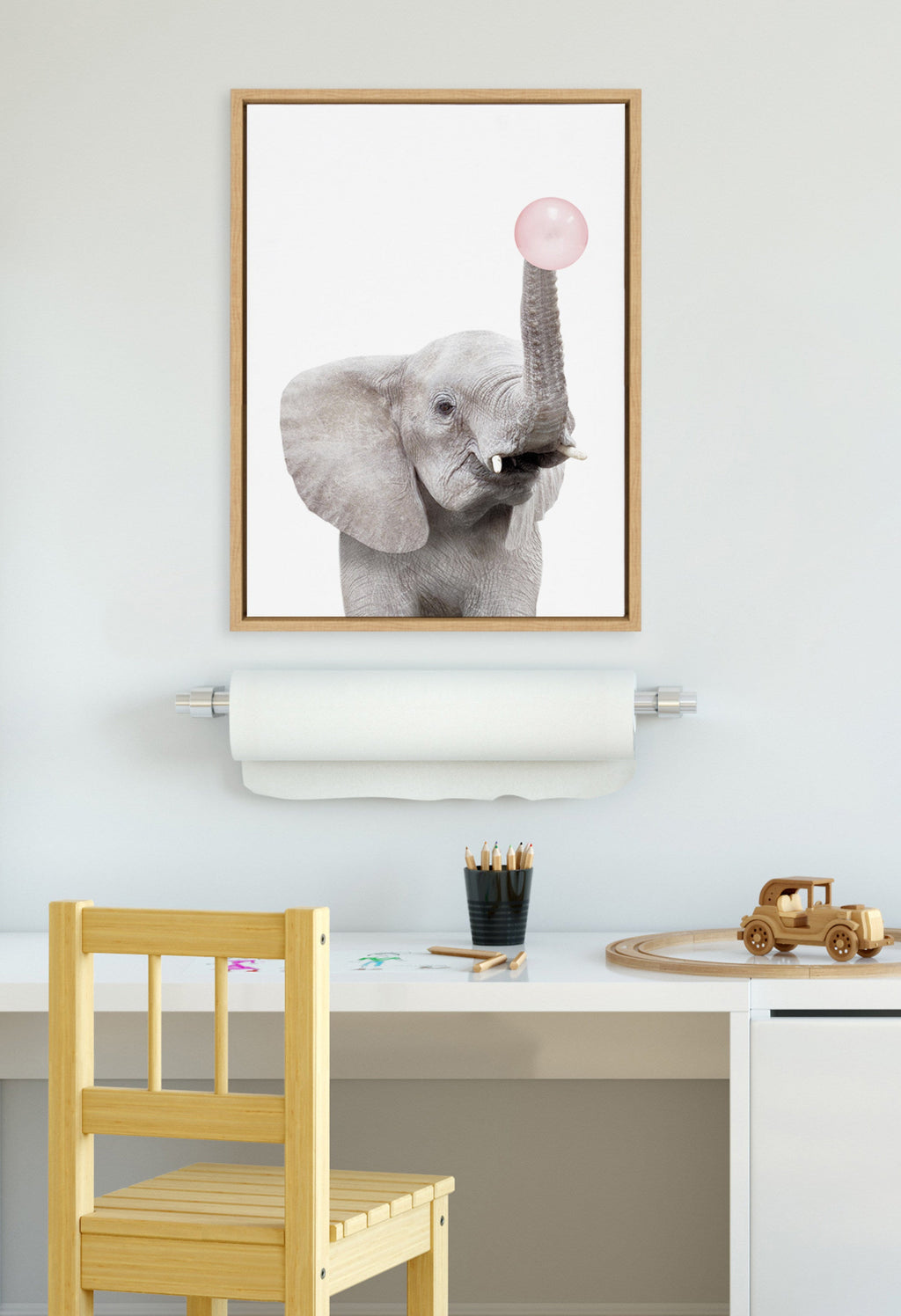 Sylvie Bubble Gum Elephant Framed Canvas by Amy Peterson Art Studio