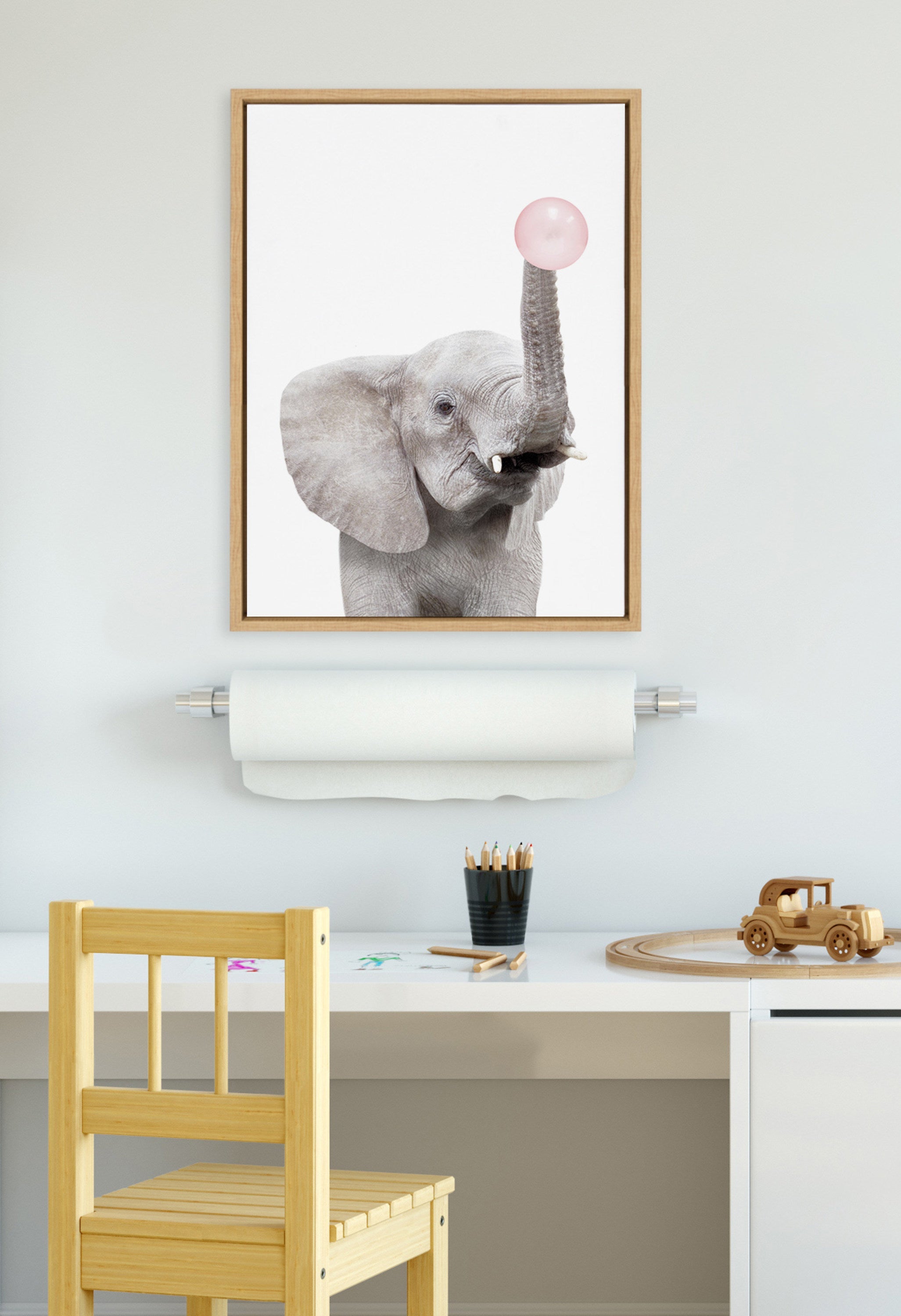 Sylvie Bubble Gum Elephant Framed Canvas by Amy Peterson Art Studio