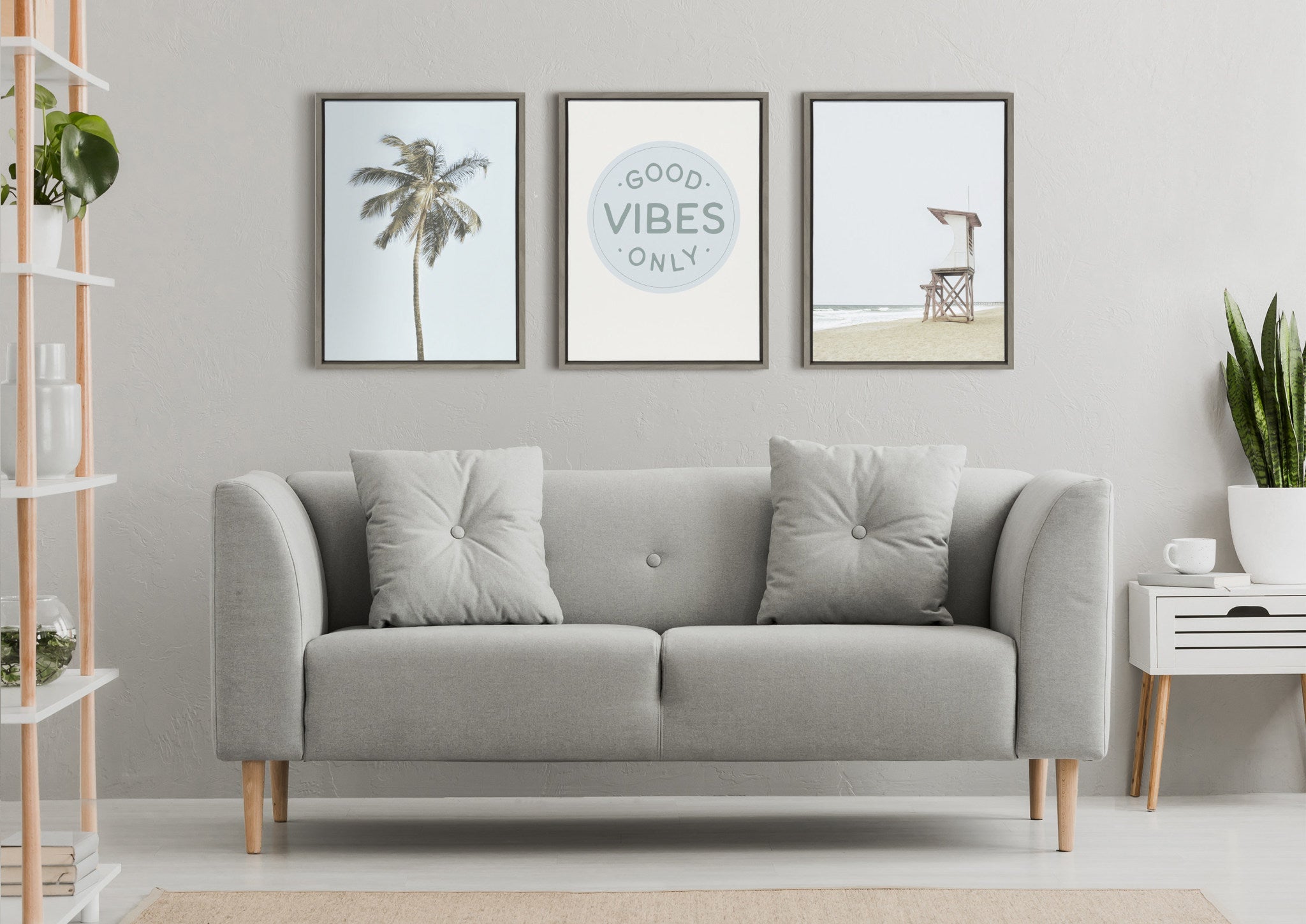 Sylvie Good Vibes Only Pale Blue Button Framed Canvas by The Creative Bunch Studio