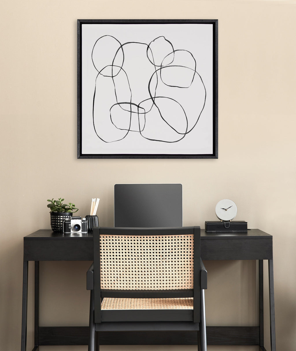 Sylvie Dancing Circles Black and Soft White Framed Canvas by Teju Reval of SnazzyHues