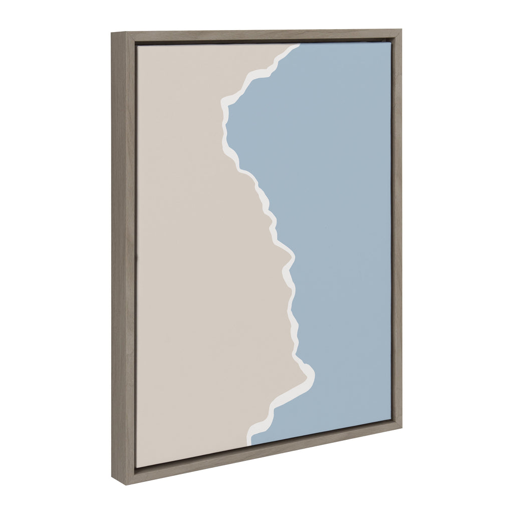 Sylvie Muted Abstract Landscape Beige and Blue Framed Canvas by The Creative Bunch Studio