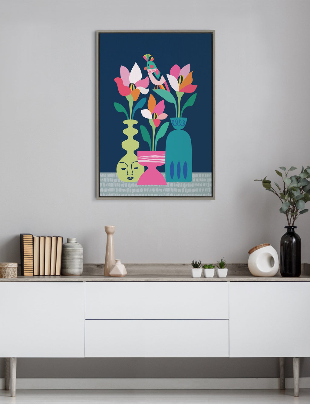 Sylvie Mid Century Modern Magnolias Framed Canvas by Rachel Lee of My Dream Wall