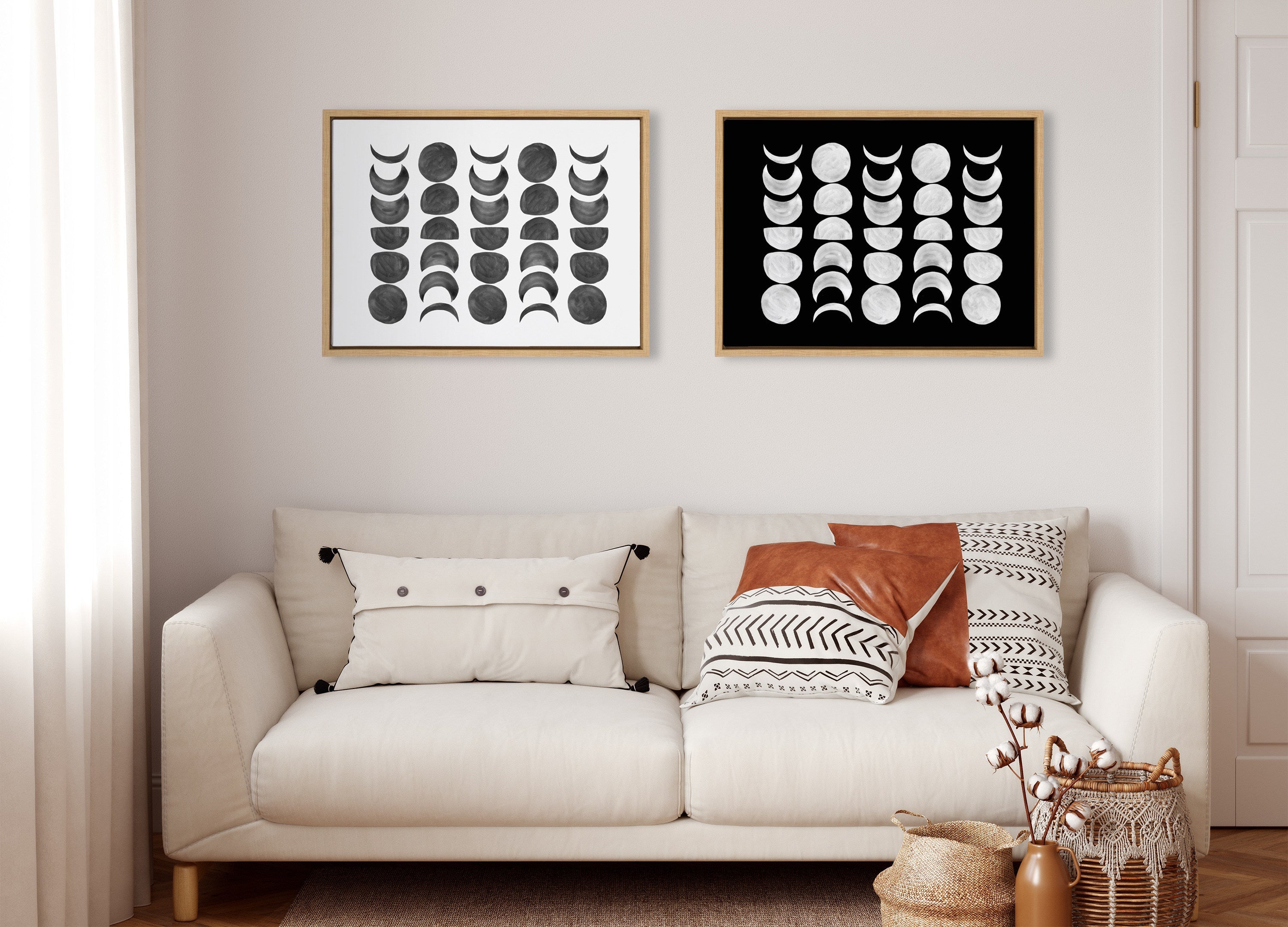 Sylvie 901 Moon Phases White on Black Framed Canvas by Teju Reval of SnazzyHues